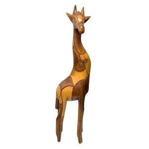 Vintage Wood Hand Carved Giraffe Sculpture Folksy Patchwork 17"